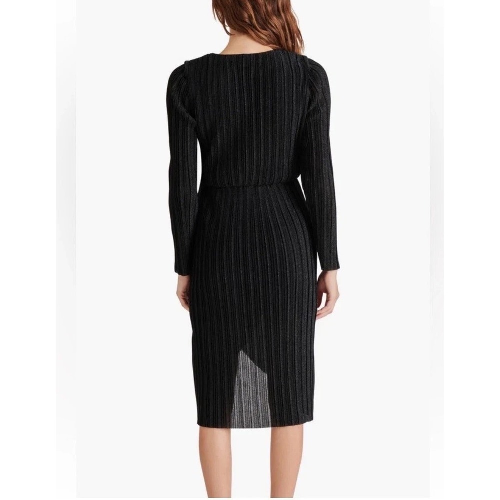 Steve Madden Metallic Crinkle Dress Large Black Shimmer Knot Front Long Sleeve - Picture 10 of 14